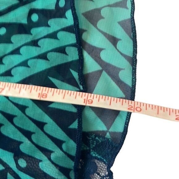 Self Esteem EUC Green Blue Abstract Print Lace Inset Sheer Blouse Sz M - Picture 6 of 6